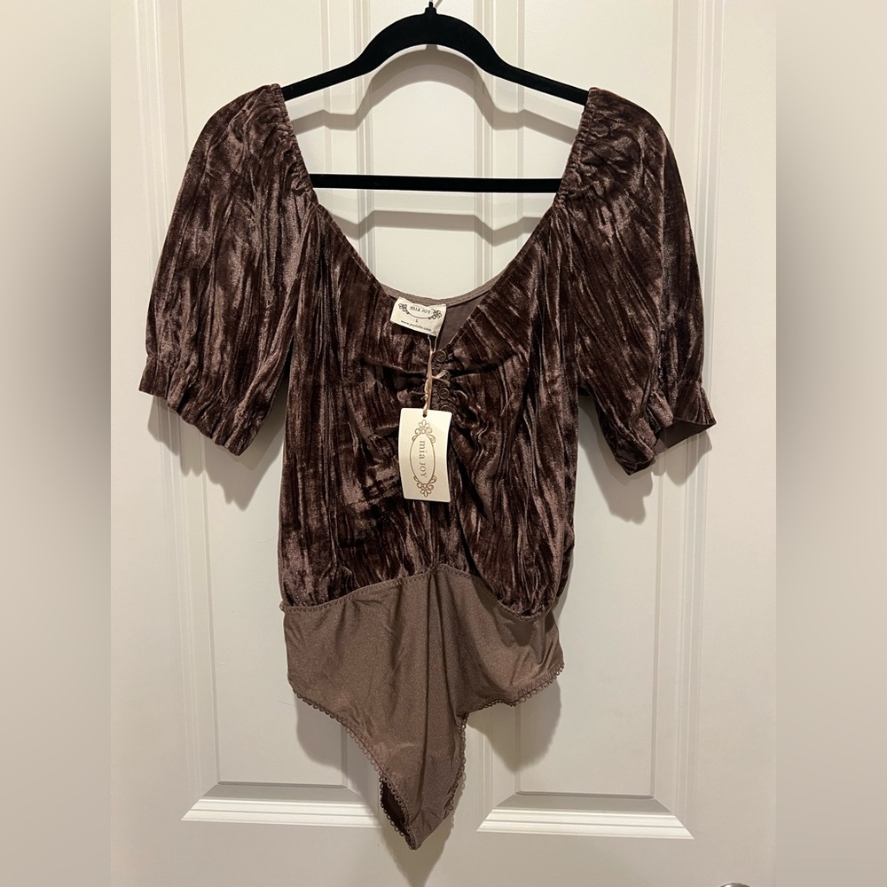 Chocolate brown velvet bodysuit in a size large. NWT.